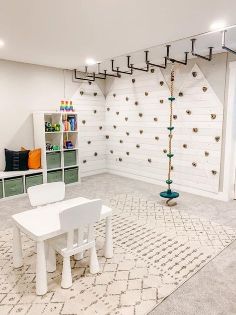 Cellar Playroom Ideas, Garage Turned Playroom, Basement Playroom Makeover, Small Basement Play Area, Basement Rock Wall For Kids, Basement Climbing Gym For Kids, Gymnastics Playroom Ideas, Kids Basement Gym, Cozy Basement Playroom