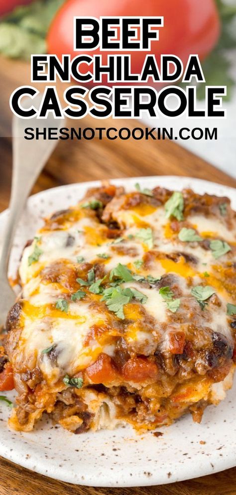 This Beef Enchilada Casserole with Corn Tortillas is a hearty one-pan dinner that's ready in just 40 minutes. Flavor-packed with red enchilada sauce, this weeknight wonder is a crowd-pleaser! 2 Night Dinners, Quick Enchilada Casserole, Casseroles With Tortillas, Easy Enchilada Bake, Mexican Food Casseroles, Baked Enchilada Casserole, Mexican Recipes For Two, Beef Tortilla Casserole, Enchilada Bake Casserole