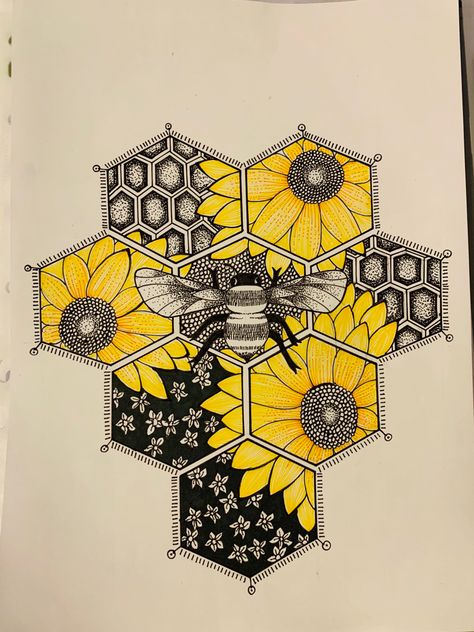 Bee And Hexagon Tattoo, Honeycomb Doodle, Honeycomb Drawing Pattern, Bee Zentangle, Honeycomb Drawing, Honeycombs Drawings, Bee Mandala, Honeycomb Art, Botanical Tattoos