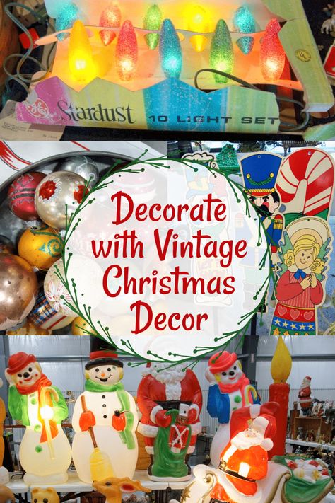 Buying And Displaying Vintage Christmas Decor Vintage Plastic Christmas Decorations, Nostalgic Christmas Decorations Diy, Retro Christmas Outdoor Decorations, Vintage Christmas Exterior Decor, Christmas Decor Ideas Retro, 1940 Christmas Decorations, Displaying Vintage Ornaments, Vintage Christmas Yard Decorations, Vintage Christmas Ornaments Display