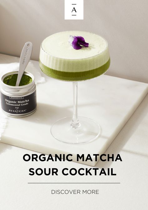 A cocktail glass filled with green liquid and a frothy top - a Matcha sour cocktail Matcha Cocktail Recipes, Dirty Matcha, Matcha Cocktail, Ceremonial Grade Matcha, Sour Cocktail, Organic Matcha, Matcha Tea, Organic Teas, Tea Blends