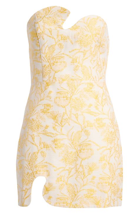 Sweeten the occasion in this textured strapless mini designed with eye-catching asymmetric cutouts and sunny botanical blooms. 23" center front length (size Medium) Back zip closure Asymmetric neck Strapless Lined 75% polyester, 25% nylon Dry clean Imported Cute Hoco Dresses Short Yellow, Strapless Mini Dress Revolve, Mini Dresses Formal Revolve, Dresses For Homecoming Short, Formal Dresses Sorority Long, Asymmetrical Hoco Dress, Southern Homecoming Dresses, Pastel Yellow Mini Dress, Pastel Yellow Homecoming Dresses