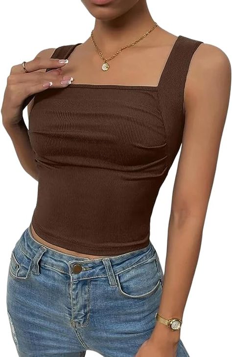 VIDUSSA Women's Casual Vest Tops Plain Square Neck Sleeveless Crop Shirt Blouse Square Neck Tank Top, Crop Cami Top, Big Bust, Lovely Tops, Square Neck Top, Casual Vest, Cropped Cami, Current Fashion Trends, Cami Crop Top