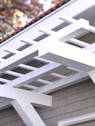 Over The Garage Trellis, Wooden Trellis Over Garage Door, How To Build A Trellis Over Garage, White Trellis Over Garage Door, Craftsman Pergola, Simple Garage Pergola Diy, Pergola Over Garage Door Diy, Garage Door Trellis Pergolas, Garage Door Trellis