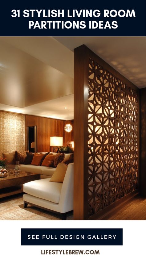 A collection of 31 stylish living room partition ideas featuring modern designs, unique dividers, and effective space solutions to inspire your home decor. This pin uses 1 image. Living Room Screen Divider, Wall Dividers Ideas Small Spaces, Room Partitions Ideas, Tv Room Divider, Living Room Partitions, Partitions Design, Partitions Ideas, Partition Design Ideas, Room Partitions