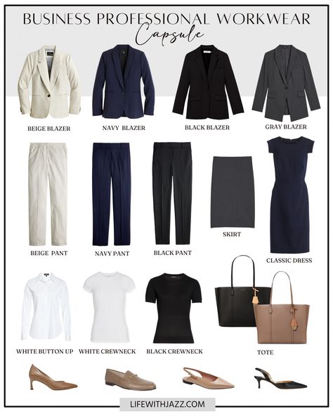 Corporate Attire Women Capsule, Woman Business Professional, Business Professional Outfits Capsule, Business Professional Wardrobe Basics, Business Professional Travel Outfits, Business Formal Capsule Wardrobe, Easy Business Professional Outfits, Business Formal Women Summer, Workwear Outfit Ideas