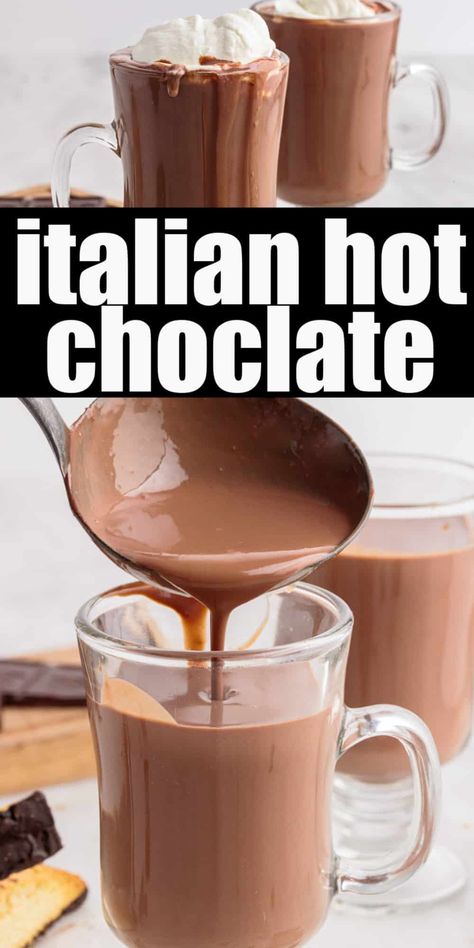 This Italian hot chocolate is warm, rich, creamy, and so good that it's almost a sin! Only simple ingredients required and ready in 15 minutes! European Hot Chocolate, Gourmet Coffee Recipes, Gourmet Hot Chocolate Recipe, French Hot Chocolate Recipe, Italian Hot Chocolate Recipe, Desserts Board, Creamy Hot Chocolate Recipe, Italian Hot Chocolate, Family Drinks