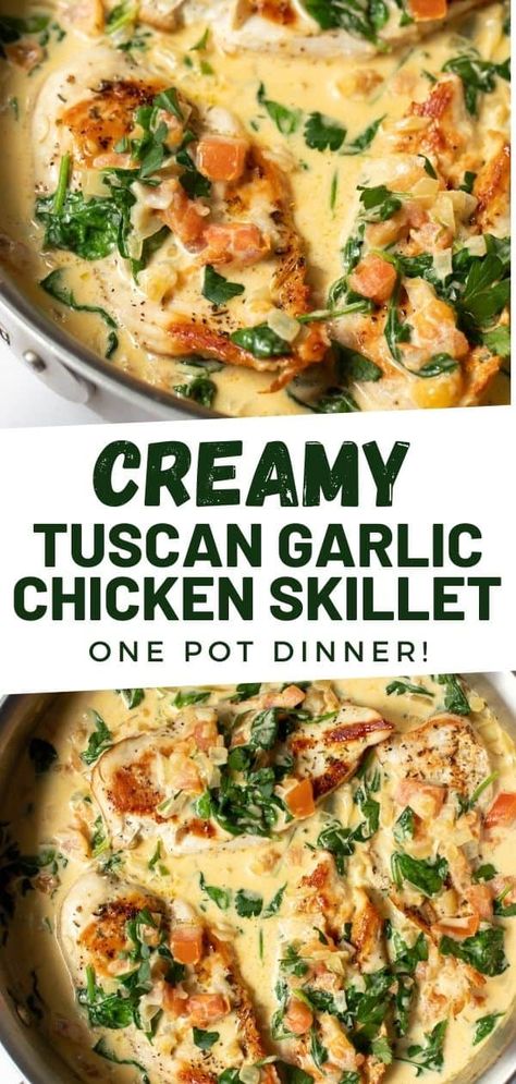 Garlic Chicken Skillet, Chicken Spinach Recipes, Creamy Tuscan Garlic Chicken, Tuscan Garlic Chicken, Skillet Dinner Recipes, Garlic Cream Sauce, Chicken Skillet, One Skillet, Awesome Food