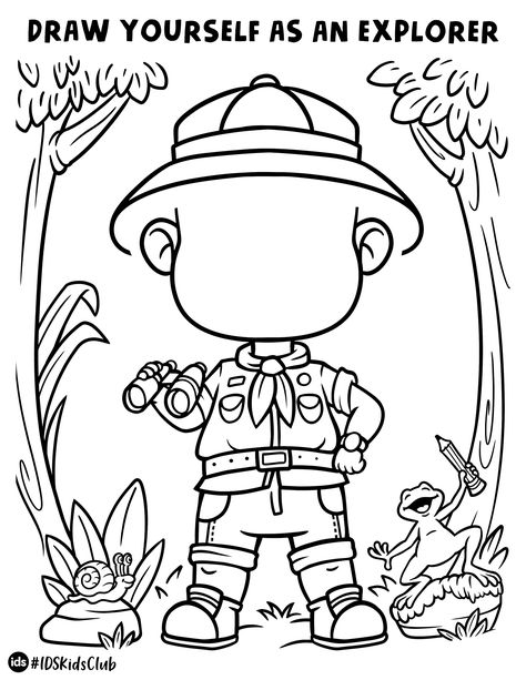 Draw yourself as an epic adventurer exploring the jungle! Great activity for kids. Find more activity sheets and coloring pages on our website. Preschool Habitat Crafts, Jungle Arts And Crafts, Jungle Theme Classroom Decorations, Safari Theme Classroom, Rainforest Crafts, Preschool Jungle, Jungle Activities, Safari Crafts, Rainforest Activities