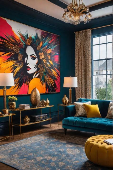 A vibrant maximalist living room with a statementmaking abstract artwork as the Modern Jewel Tone Living Room, Bold Home Design, Unconventional Living Room, Bold Living Room Colors, Art Deco Living Room 1920s, Miami Style Decor, Eclectic Glam Living Room, Vibrant Maximalist, Colorful Living Room Ideas