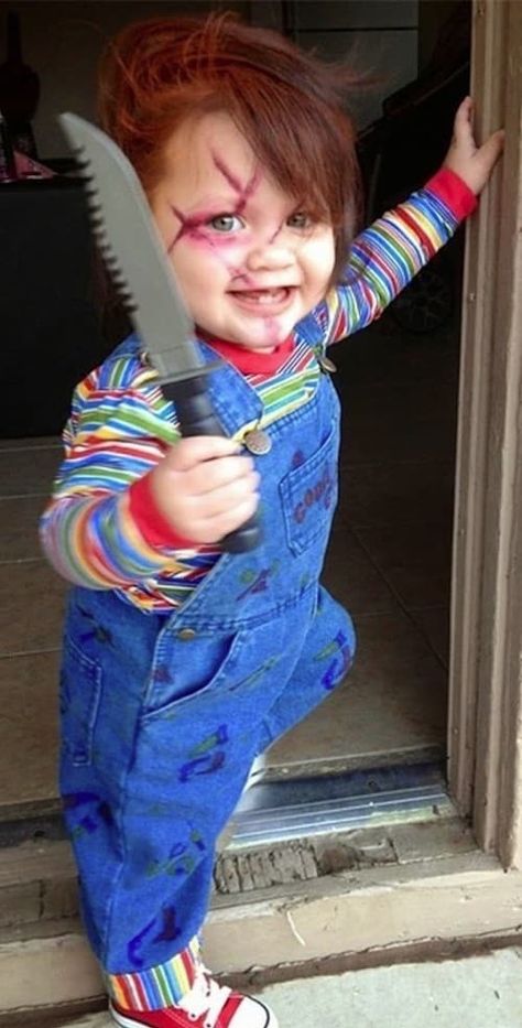 Creepy and scary costume idea for a baby or toddler! Homemade Chucky Costume. Blue bib overalls, striped shirt carrying a plastic knife. Diy Chucky Costume, Chucky Halloween Costume, Happy Celebrations, Costumes For Boys, Toddler Boy Halloween Costumes, Chucky Costume, Chucky Halloween, Scary Kids, Boy Halloween