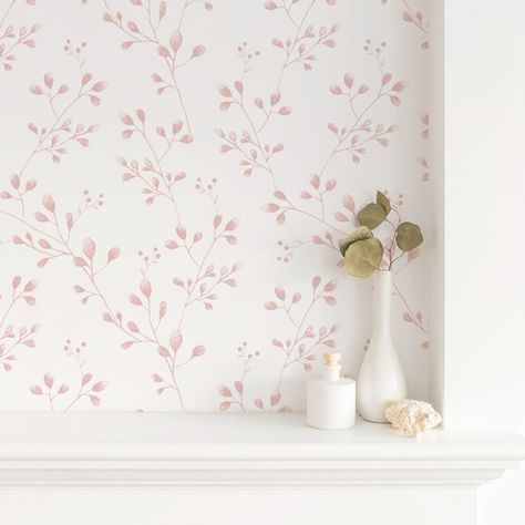 Nursary Decor Subtle Pattern Wallpaper, Simple Nursery Wallpaper, Subtle Pink Wallpaper, Baby Girl Room Wallpaper, Pale Pink Nursery, Wallpaper For Girls Room, Bohemian Girls Room, Foliage Wallpaper, Eclectic Kids Room