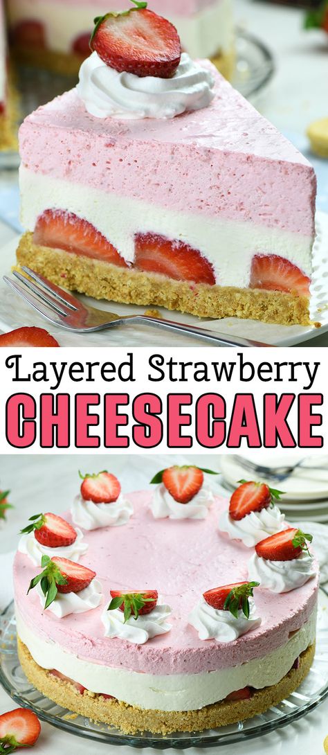 Layered No-Bake Strawberry Cheesecake is a light and refreshing spring and summer cake with fresh strawberries nestled on a Golden Oreo crust, vanilla cheesecake layer, and lick-the-bowl-good strawberry filling via @https://www.pinterest.com/omgchocodessets/ Strawberry Cheesecake Recipe No Bake, High Snacks, Strawberry Cheesecake Recipes, Cheesecake Decorating, Reese Cake, Quick And Easy Cheesecake, Summer Cheesecake Recipes, Golden Oreo Crust, Strawberries Cheesecake