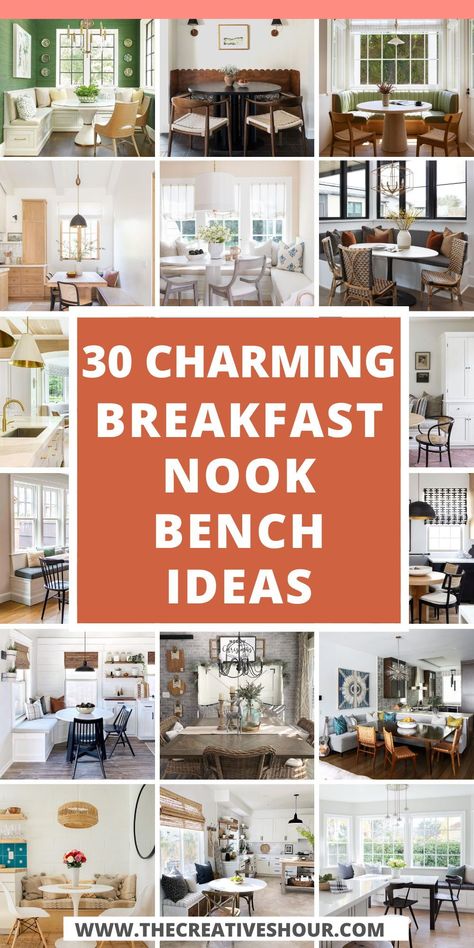 Create a charming breakfast nook with a bench for a warm and inviting start to your day. Explore ideas and inspirations for adding this cozy seating to your kitchen or dining area. French Cottage Breakfast Nook, Breakfast Nook Ideas With Rectangle Table, Breakfast Room Bench Seating, Breakfast Nook With Built In Cabinets, Breakfast Nook With French Doors, Breakfast Nook With Loveseat, Diner Style Breakfast Nook, Built In Bench Breakfast Nook, Kitchen Benches Seating