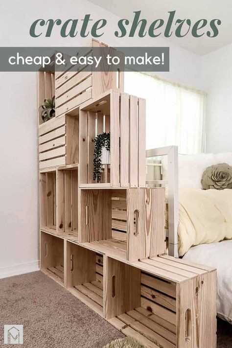 Are you living in a tiny apartment or house and need extra storage? Build your own DIY wood crate shelves for just $100! #DIY #wallstorage #woodcrate #crates #shelves Diy Wood Crate, Wood Crate Shelves, Diy Wooden Crate, Koti Diy, Crate Bookshelf, Diy Crate, Crate Shelves, Bookshelves Diy, Diy Home Decor Bedroom