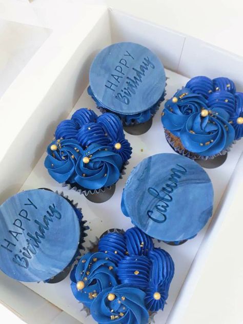 Birthday cupcakes in a royal blue & gold theme 50th Birthday Cupcakes Men, Cupcakes Men Birthday, Manly Cupcakes Ideas For Men, Blue Cupcake Ideas Birthday, Cupcakes Decoration Blue, Blue Cupcakes For Men, Cupcake For Men Birthday, Blue Themed Cupcakes, Mens Cupcakes Birthday