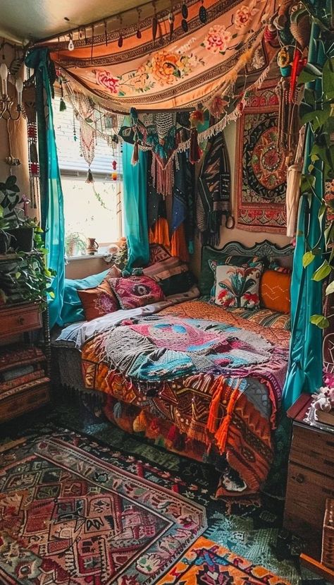 Hippy Boho Room, Artsy Boho Bedroom, Boho Maximalism Bedroom, Boston Bedroom, Hippie Apartment, Boho Bedroom Decor Hippie, Turquoise Bedroom, Decor Ideas For Apartments, Create Pin