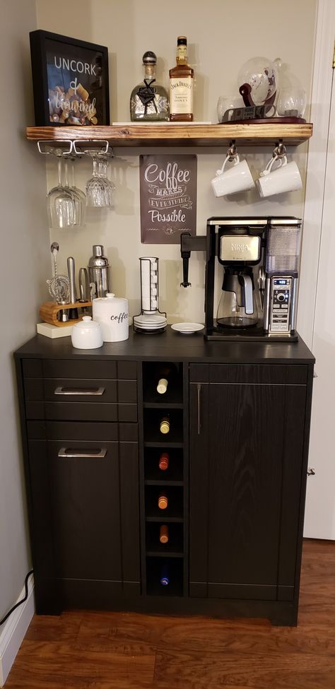 Small Corner Wine Bar Ideas, Coffee And Wine Corner Ideas, Coffee Bar With Wine Rack, Coffee Wine Bar Floating Shelves, Modern Diy Coffee Bar, Small Space Wine Bar, Small Wine Coffee Bar Ideas, Small Desk Coffee Bar, Home Coffee And Wine Bar Ideas