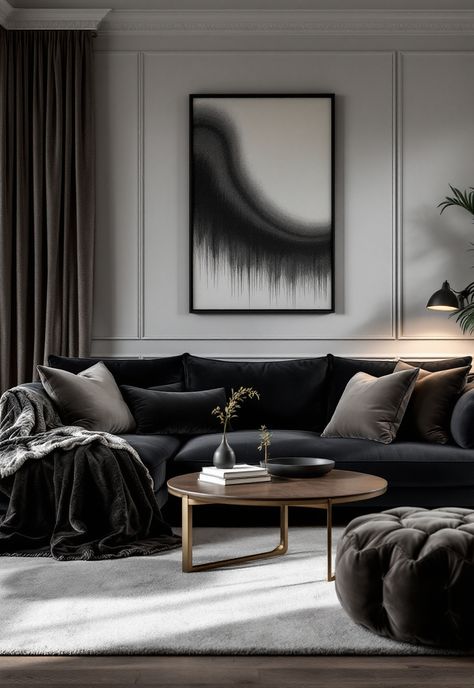 Dark Grey Couch Living Room Living Room Decor Charcoal Couch, Dark Gray Couch Rug Ideas, Living Room Decor Dark Couch, Dark Grey Sofa Decor, Dark Gray Velvet Sofa, Living Room With Dark Grey Couch, Dark Couches Living Room Decor, Dark Grey Velvet Sofa, Grey Velvet Couch