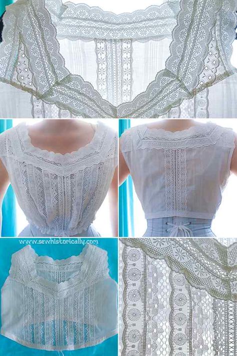 4 Edwardian Camisoles Made With Lace & Fabric Scraps - Sew Historically Victorian Clothing Patterns, Historic Sewing Patterns, Lace Sewing Ideas, How To Make Lace, Corset Cover Pattern, Edwardian Camisole, Edwardian Combinations, Edwardian Wardrobe, Camisole Sewing Pattern