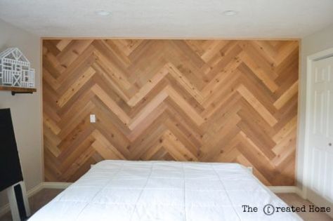 How to DIY a Herringbone Accent Wall Herringbone Wood Wall Bedroom, Herringbone Feature Wall Bedroom, Herringbone Wall Paneling, Herringbone Plank Wall, White Oak Accent Wall, Wood Chevron Wall, Herringbone Feature Wall, Diy Chevron Wall, Timber Feature Wall Bedroom