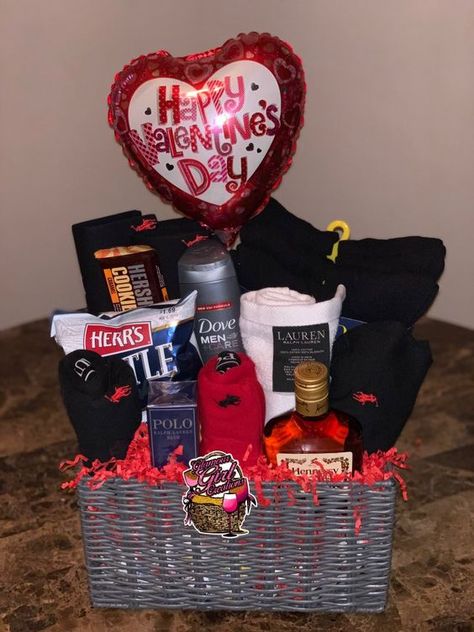 60 Adorable DIY Valentine's Day Gift Baskets For Him That He'll Love a Lot - Hike n Dip Valentines Baskets For Him, Diy Valentine Gifts For Boyfriend, Valentines Day Baskets, Gift Baskets For Him, Boyfriend Gift Basket, Valentine Gift Baskets, Valentine Baskets, Valentine's Day Gift Baskets, Birthday Gifts For Boyfriend Diy