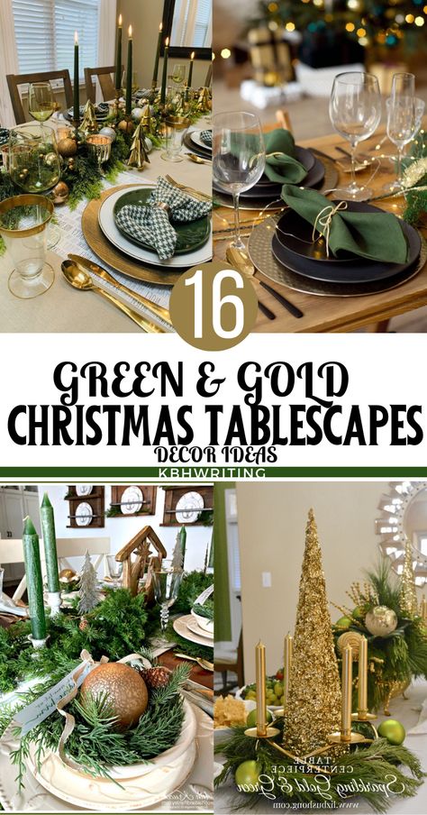 Gold Christmas Tablescapes, Christmas Dining Setting, Gold Christmas Table, Green Gold Christmas, Green Tablescape, Green And Gold Christmas, Christmas Table Runner Pattern, Gold Table Setting, Christmas Table Toppers