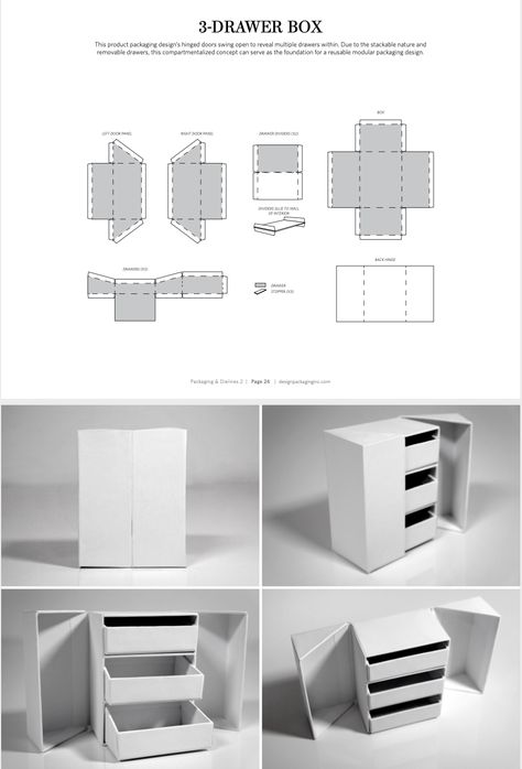 This product packaging design’s hinged doors swing open to reveal multiple drawers within. Due to the stackable nature and removable drawers, this compartmentalized concept can serve as the foundation for a reusable modular packaging design.#packaging_dieline #dielines #design #shopping_bag #box Packaging Dielines, Cardboard Organizer, Paper Box Diy, Desk Organization Diy, Packaging Template Design, Cardboard Crafts Diy, Paper Box Template, Jewelry Box Diy, Reusable Packaging