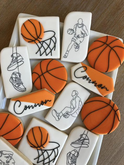 1st Birthday Basketball Cookies, Basketball Decorated Sugar Cookies, Sports Themed Cookies, Nba Cookies, Basketball Themed Cookies, Basketball Birthday Cookies, Basketball Cookies Royal Icing, Sports Cookies Decorated, Lakers Cookies