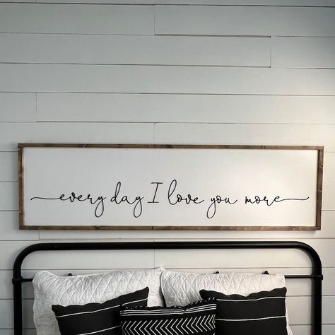 Every Day I Love You More Above Over the Bed Sign Master Bedroom Wall Art FREE SHIPPING - Etsy Country Bedroom Ideas For Couples, Vows Above Bed Canvases, Above Bed Signs Quotes, Canvas Photo Wall Ideas Master Bedrooms, Bedroom Decor Budget Friendly, Romantic Wall Decor Bedroom, Signs For Over Master Bed, Wedding Photo In Bedroom, Love Signs For Bedroom