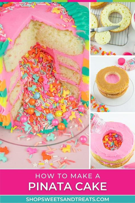 Candy Filled Cake, Piniata Cake, Pinata Cake Recipe, Volcano Cake, Sprinkles Birthday Cake, Diy Birthday Cake, Pinata Cake, Surprise Cake, Vanilla Cake Recipe