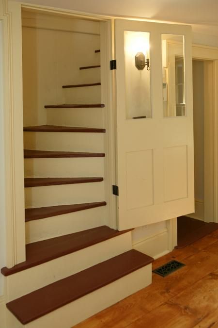 Enclosed Stairway, Stairs Farmhouse, Attic Entrance, Stone House Revival, Kitchen Staircase, Farmhouse Staircase, Farmhouse Kitchen Backsplash, Farmhouse Door, Room Fireplace