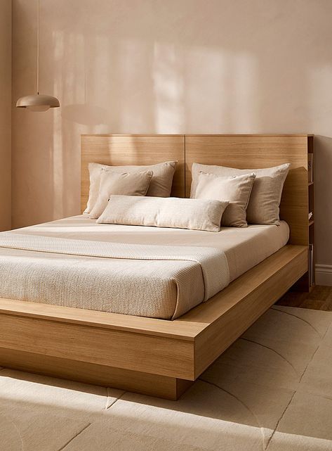 Bed Frame High Off Ground, Modern Platform Bed Frame, Aesthetic Queen Size Bed, Bedroom Inspo Wooden Bed, Home Made Bed Frames Wood, Headboards For Beds Wood, Bed With Rug, Wood Bed Decor, Wood Bed Frame Aesthetic