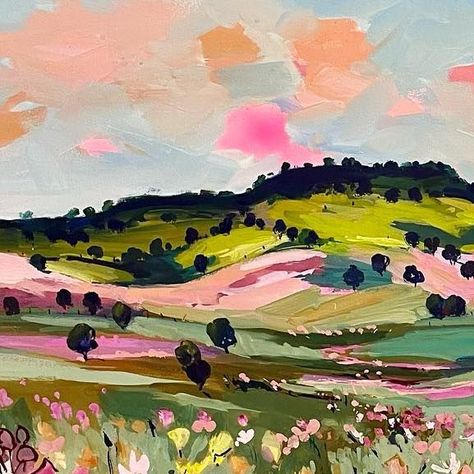 Funky Landscape Art, Colourful Landscape Art, Diy Landscape Painting, Landscape Paintings Easy, Farm Landscape Painting, Layered Landscape, Large Scale Painting, Bright Landscape, Acrylic Landscapes