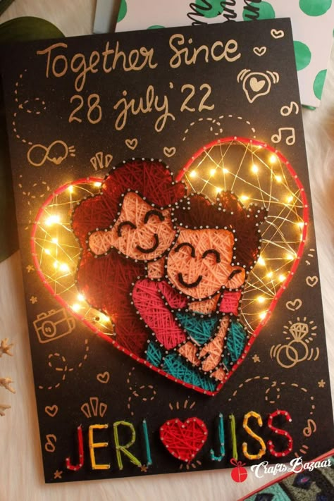 Illustration Couple String Art With Light | Cute Anniversary Gift Him/Her Diy Gift For Wedding Couple, Handmade Gift For Couple, String Art For Birthday Gift, Handmade Gifts For Couples, Diy Anniversary Gifts For Couples, Arts And Crafts Couples, Couple Handmade Gifts, Couple Art Ideas Diy Projects, Anniversary Art Ideas