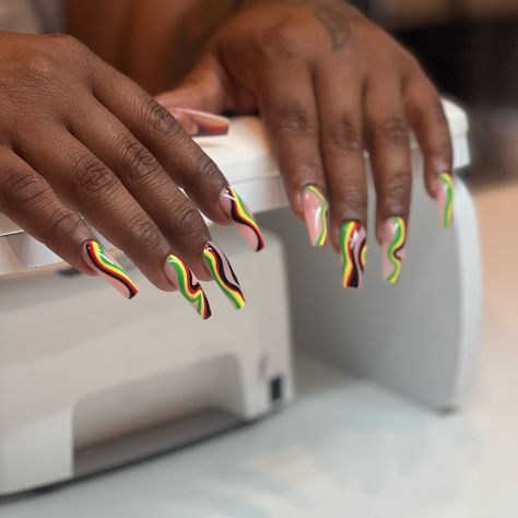 some rasta-cuties ❤️💛💚🖤 #gelx Reggae Nails Designs, Rasta Nails Acrylic, Rasta Nails Design, Jamaica Inspired Nails, Reggae Nails, Bob Marley Nails, Jamaica Nails, Rasta Nails, Aura Nails