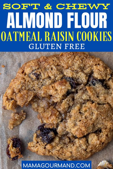 Almond Flour Oatmeal Raisin Cookies recipe are a gluten free way to get that homemade cookie fix! These easy cookies taste just like old fashioned oatmeal cookies baked with raisins or chocolate chips. #almondflourcookies #oatmeal #chocolatechip #raisin #chewy #glutenfree Almond Flour Raisin Cookies, Oatmeal Raisin Cookies Almond Flour, Gluten Free Oatmeal Cookies Flourless, Low Carb Oatmeal Raisin Cookies, Oatmeal Raisin Cookies No Flour, Healthy Oatmeal Cookies With Almond Flour, Almond Flour Cookies Recipes Easy, Gluten Free Oatmeal Cookies Almond Flour, Low Carb Oatmeal Cookies Recipes