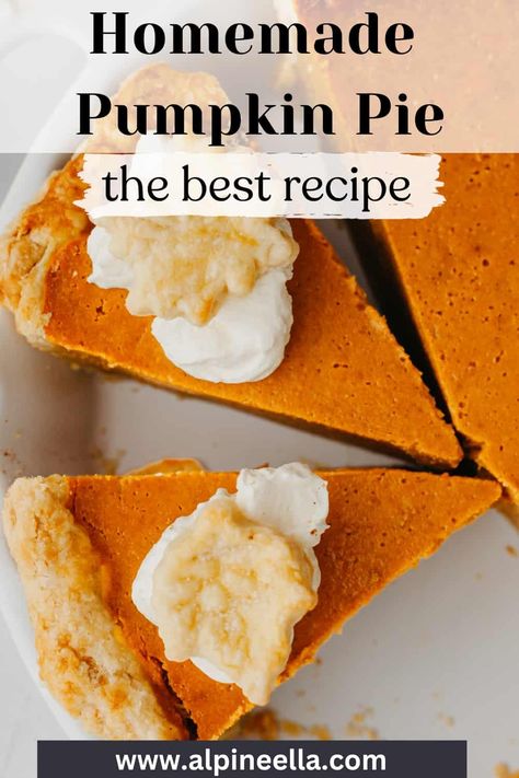 Homemade pumpkin pie made with sour cream. This rich and creamy pumpkin pie is topped with whipped cream and homemade pie crust cookies! Recipes Using Whipping Cream, Pumpkin Custard Pie Recipe, Pumpkin Custard Pie, Pumpkin Pie Crust, Pumpkin Pie From Scratch, Pie Crust Cookies, Pie From Scratch, Apple Crumble Pie, Homemade Pie Crust