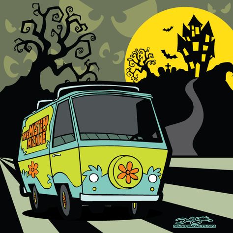 Scooby Doo Mystery Machine from Dennis Simone Studios. Mystery Machine Van Drawing, Scooby Doo Graffiti, Mystery Machine Aesthetic, Mystery Machine Wallpaper, Mystery Incorporated Aesthetic, Scooby Doo House, Scooby Villains, Scooby Doo Haunted House, Scooby Doo Painting