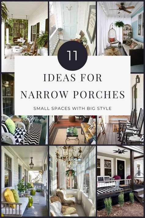 11 Narrow Porch Decorating Ideas - finding mandee Long Screened In Porch Decorating Ideas, Rectangle Porch Layout, Narrow Long Porch Decorating Ideas, Long Back Porch Decorating Ideas, Porch Post Decorating Ideas, Rectangle Front Porch Ideas, Shallow Front Porch Ideas, Long Narrow Screened In Porch, Narrow Porch Furniture Layout