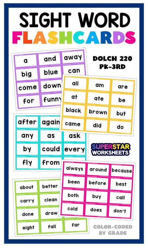 Free printable Sight word flashcards for Preschool to Grade 3. These easy-to-use, engaging flashcards are based on the Dolch sight word list. Try them for FREE today! #sightwords #dolchsightwords #free #flashcards #preschoolflashcards #secondgradesightwords #firstgrade #kindergartenflashcards #thirdgradesightwords Fry Sight Words Kindergarten, Sight Word Flash Cards Free, Sight Words Preschool, 4th Grade Sight Words, Kindergarten Sight Words Flash Cards, Sight Words Kindergarten Printables, Dolch Sight Word Activities, Kindergarten Sight Words List, Third Grade Sight Words