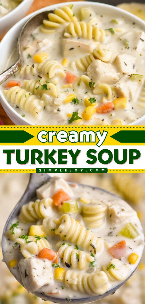 This Turkey Soup Recipe is the perfect way to use up your leftover turkey. Made with simple ingredients, this creamy soup is so comforting and delicious. Creamy Turkey Vegetable Soup, Creamy Leftover Turkey Soup, Cream Of Turkey Soup Recipe Simple, Turkey Broth Recipes Dinners, Recipes With Turkey Broth, Cream Of Turkey Soup Recipe Thanksgiving Leftovers, Turkey Cream Soup, Cream Turkey Soup, Leftover Smoked Turkey Soup