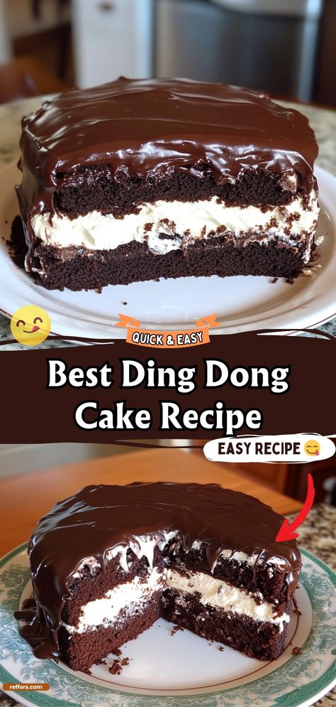 Ding Dong Cake Ding Dong Cake Mix Recipe, The Most Amazing Classic Chocolate Cake, Chocolate Ding Dong Cake, Dong Dong Cake, Fudge Round Cake Recipes, Dingdong Cake Recipe, Devils Float Cake, Ding Dong Cake With Cream Cheese Filling, Chocolate Cake Mix Pound Cake