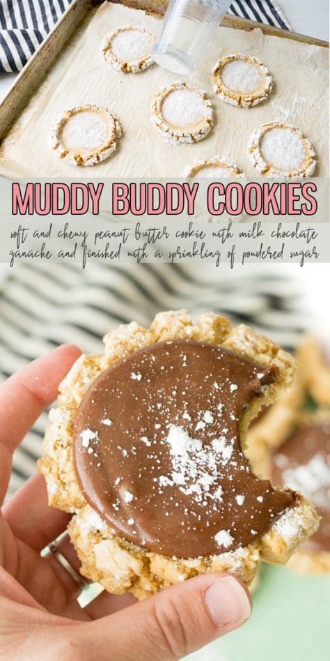 Muddy Buddy Cookies are a mega soft Peanut Butter Cookie with Milk Chocolate Ganache, sprinkled with powdered sugar. This is a top notch cookie that it completely beginner friendly! Give them a try today! |Cooking with Karli| #cookies #recipe #peanutbutter #chocolateganache #muddybuddies #recipe Muddy Buddy Cookies Recipe, Twisted Sugar Cookie Recipe, Muddy Buddy Cookies, Crumble Cookie Recipe, Gourmet Cookie, Muddy Buddy, Cooking With Karli, Soft Peanut Butter Cookies, Milk Chocolate Ganache