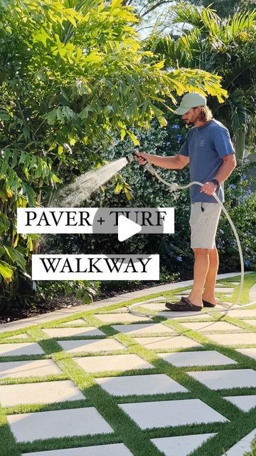 Turf Driveway Ideas, Diy Turf And Pavers Backyard, Paver Turf Patio, Paver Patio With Artificial Turf, Courtyard With Artificial Turf, Front Yard Landscaping Turf, Artificial Turf Patio Ideas, Low Maintenance Backyard Landscape Ideas, Pavers With Artificial Grass In Between