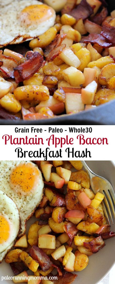 Sweet Plantain Apple Bacon Breakfast hash - whole30 Whole Food Snack Ideas, Breakfast Paleo, Whole 30 Breakfast, Breakfast Hash, Bacon Breakfast, Brunch Buffet, Hash Brown, Fried Eggs, Recipe 30