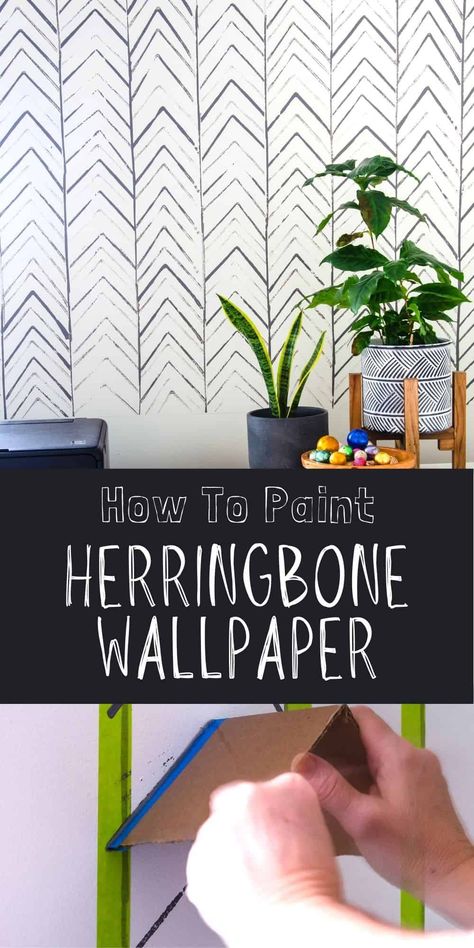 Diy Stamp For Wall, Hand Painted Herringbone Wall, Herringbone Painted Wall Diy, Diy Faux Wallpaper Accent Wall, Painters Tape Art Wall, Diy Herringbone Wall Paint, Herringbone Accent Wall Diy, Hand Painted Wallpaper Diy, Herringbone Wall Paint