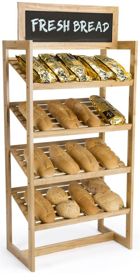 36”w Bakery Display Rack, 4 Shelves & Chalkboard Header, Wood - Oak Bread Display, Farmers Market Display, Bakery Shop Design, Bakery Design Interior, Grocery Store Design, Bread Shop, Bakery Display, Supermarket Design, Breakfast And Brunch