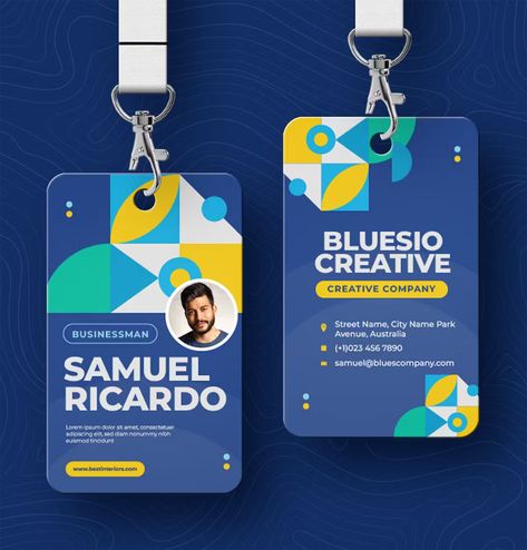 Geo Blues ID Card Template AI, EPS, PSD Office Card Design, School Identity Card Design, Staff Id Card Design, Credentials Design, Id Card Ideas, Id Card Design Creative, Id Layout, Id Card Design Template, Staff Card