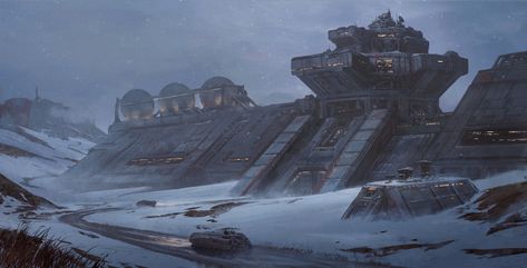 Fortress-conceptual structure for a more permanent garrison on a developed planet. Sci Fi Research Facility, Snow Planet Scifi Concept Art, Sci Fi Military Base, Facility Concept Art, Sci Fi Base, Scifi Building, Ice Planet, Sci Fi Building, Research Facility